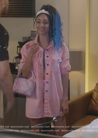 Patience’s pink denim jacket and shorts on All American
