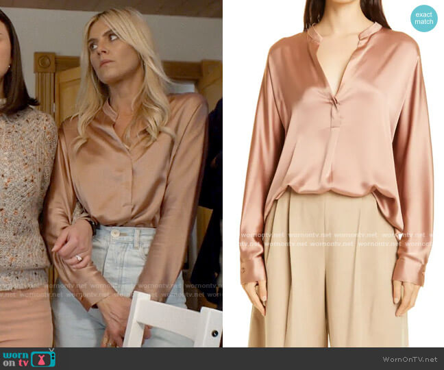 Vince Band Collar Silk Blouse in Blush Cream worn by Amy (Eliza Coupe) on Pivoting