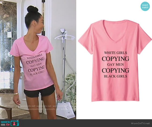 White Girls Copying Gay Men Print Tee by Gay Fun Shirts worn by Noella Bergener  on The Real Housewives of Orange County