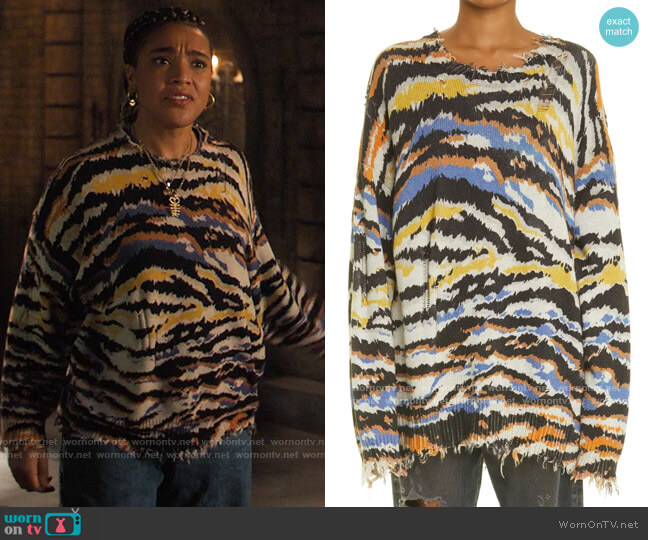 R13 Multi Zebra Print Distressed Oversize Cotton Sweater worn by Mikaela Danso (Lucy Barrett) on Charmed