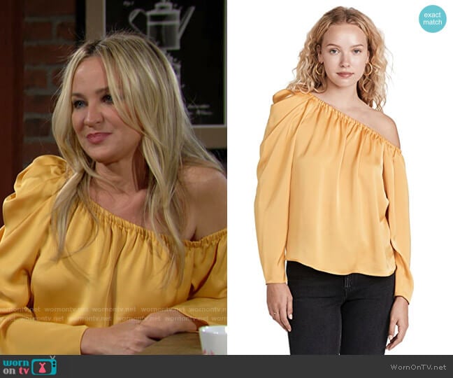 Ramy Brook Illeana Blouse in Butterscotch worn by Sharon Newman (Sharon Case) on The Young and the Restless