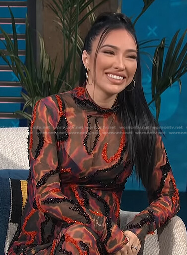 Bre Tiesi’s black and red embellished mesh dress on E! News Daily Pop