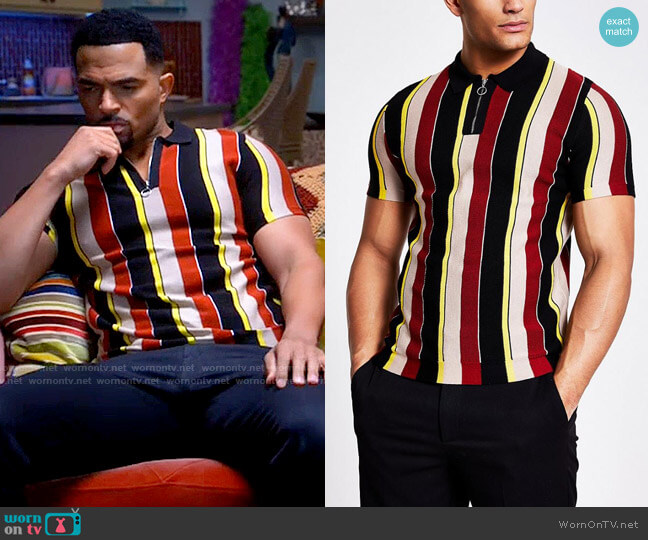 River Island Striped Half Zip Knit Polo Shirt worn by Calvin Rodney (Anthony Dalton) on Tyler Perrys Sistas