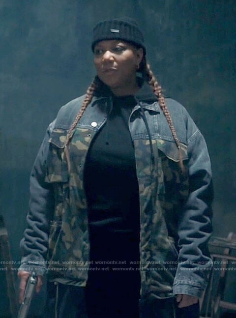 Robyn’s camo denim jacket and black beanie on The Equalizer