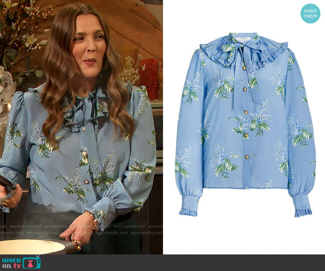 Blue Floral Silk Ruffled Blouse by Rodarte worn by Drew Barrymore  on The Drew Barrymore Show