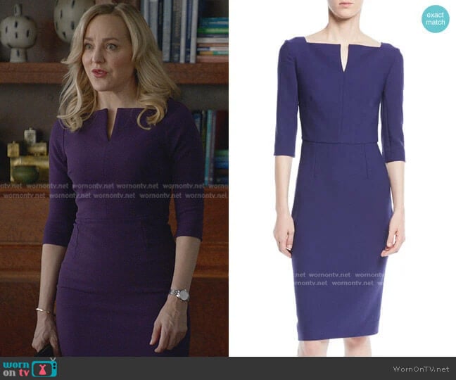 Elbow-Sleeve Split-Neck Crepe Sheath Dress by Roland Mouret worn by Marissa Morgan (Geneva Carr) on Bull