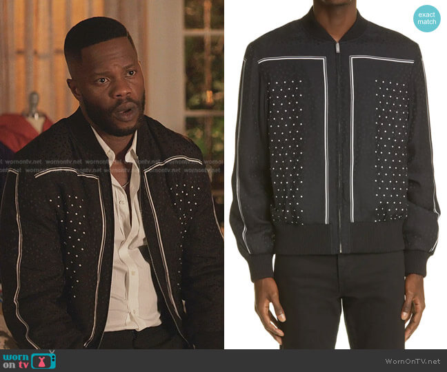 Stripe & Dot Silk Bomber Jacket by Saint Laurent worn by Jeff Colby (Sam Adegoke) on Dynasty