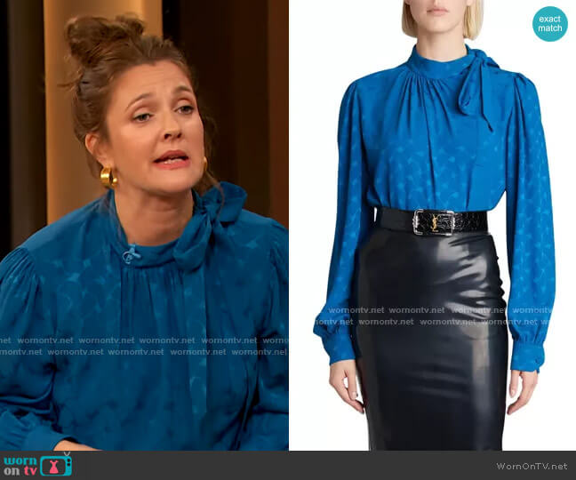Silk Jacquard Tie-Neck Blouse by Saint Laurent worn by Drew Barrymore  on The Drew Barrymore Show