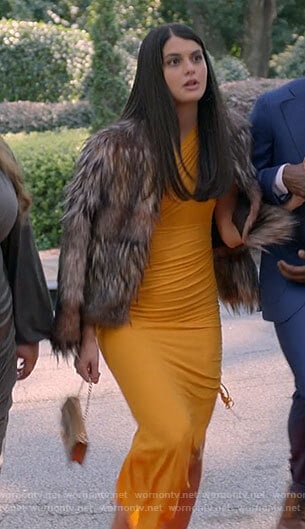 Sam's orange one-shoulder dress and fur jacket on Single Drunk Female