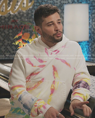 Sam’s white tie dye hoodie and pants on Dynasty
