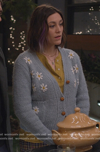 Sarah's blue daisy embroidered cardigan on Home Economics