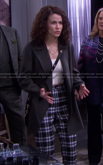 Sarah's white cropped knit top and black plaid pants on Days of our Lives