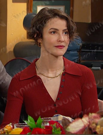 Sarah’s brown ribbed asymmetric polo dress on Days of our Lives