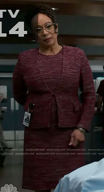 Sharon's purple knit jacket and dress set on Chicago Med