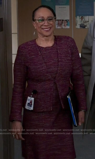 Sharon’s purple knit jacket and dress set on Chicago Med