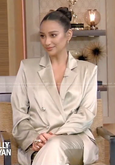 Shay Mitchell’s sage green satin blazer and pants on Live with Kelly and Ryan