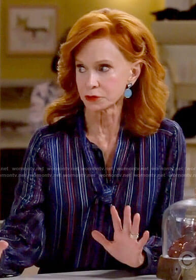 Sheila’s blue striped tie neck blouse on Call Me Kat