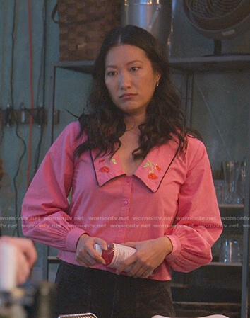 Sumi’s pink floral embroidered collar blouse on Good Trouble