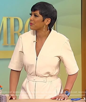 Tamron’s beige leather jumpsuit on Tamron Hall Show