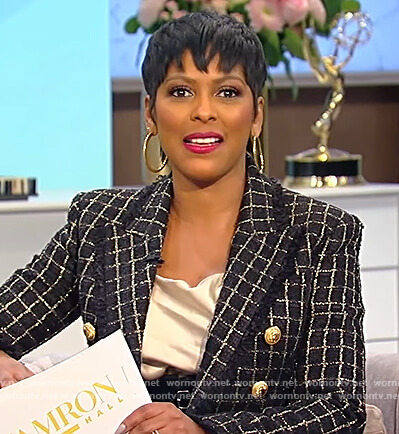 Tamron’s black metallic check blazer on Tamron Hall Show