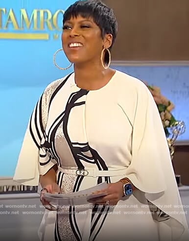 Tamron’s white printed cape mini dress on Tamron Hall Show