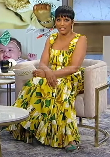 Tamron’s yellow floral top and skirt on Tamron Hall Show