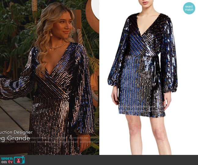 Tabitha Sequined Long-Sleeve Wrap Dress by Tanya Taylor worn by Madison Lewis on Home Economics