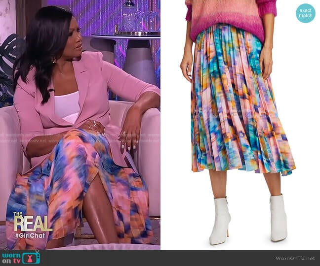 Primrose Pleated Printed Skirt by Tanya Taylor worn by Garcelle Beauvais on The Real