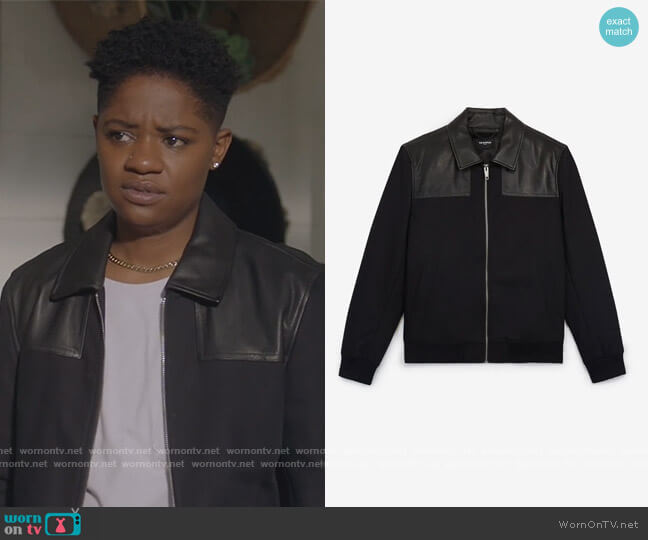 Black Cotton Jacket with Leather by The Kooples worn by Tamia Cooper (Bre Z) on All American