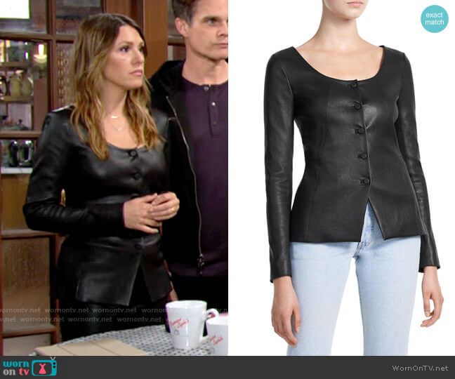 Theory Scoop Neck Bristol Leather Jacket worn by Chloe Mitchell (Elizabeth Hendrickson) on The Young and the Restless