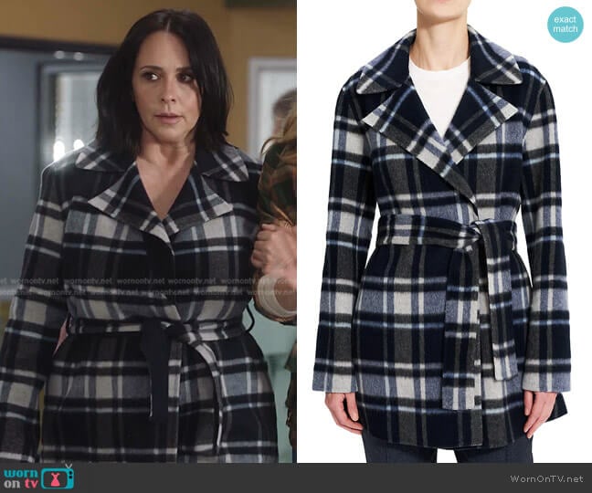 Wool-Blend Plaid Belted Coat by Theory worn by Maddie Kendall (Jennifer Love Hewitt) on 9-1-1