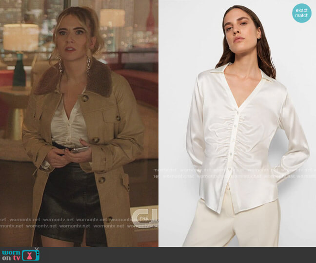 Ruched Button Up Shirt in Silk by Theory worn by Amanda Carrington (Eliza Bennett) on Dynasty