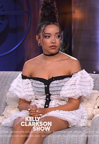 Tinashe’s white contrast lace off shoulder dress on The Kelly Clarkson Show