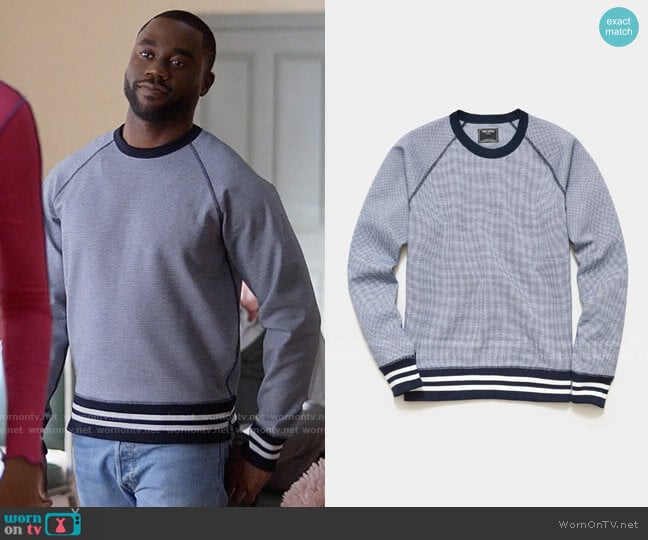 Todd Snyder Houndstooth Crewneck in Navy worn by James (Garrick Bernard) on Single Drunk Female