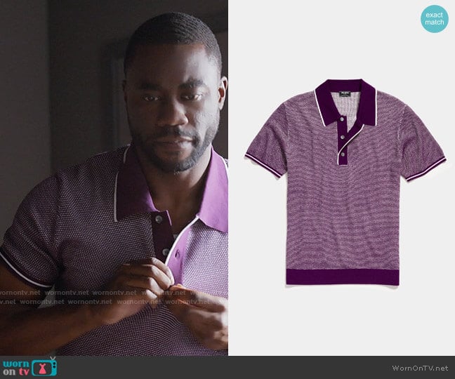 Todd Snyder Seed Stitch Tipped Short Sleeve Sweater Polo in Plum worn by James (Garrick Bernard) on Single Drunk Female