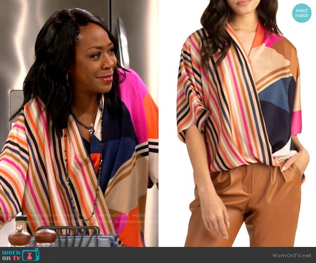 Trina Turk Concourse Mix Print Blouse worn by Tina Butler (Tichina Arnold) on The Neighborhood