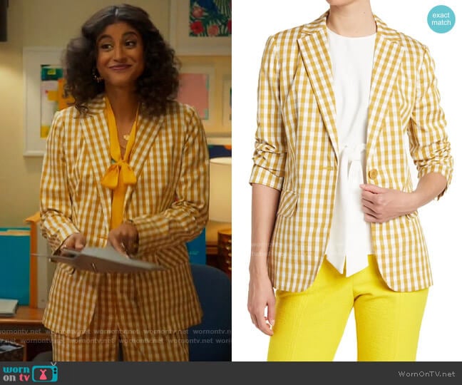 Mikaela’s yellow checked blazer on Mr Mayor