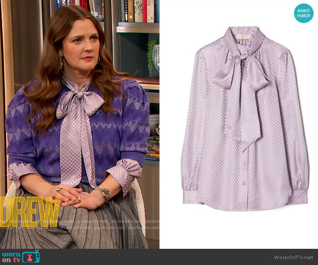 Textured Bow Blouse by Tory Burch worn by Drew Barrymore on The Drew Barrymore Show