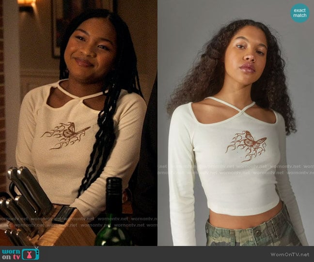 Urban Outfitters Diamante Flaming Cutout Tee worn by Delilah (Laya DeLeon Hayes) on The Equalizer