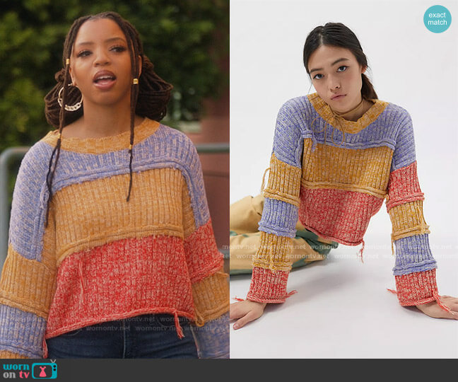 Harvest Patchwork Sweater by Kimchi Blue at Urban Outfitters worn by Jazlyn Forster (Chloe Bailey) on Grown-ish