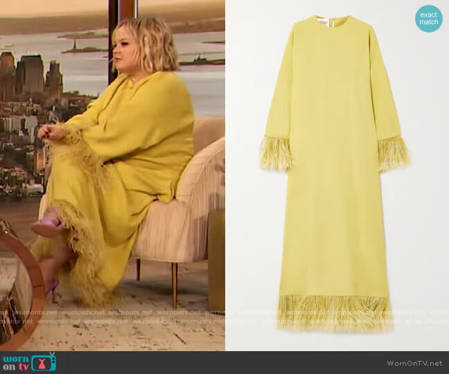 Feather-Embellished Shift Dress by Valentino worn by Nicola Cougllah on The Drew Barrymore Show