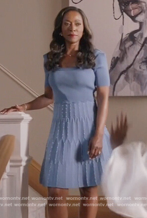 Vanessa's blue knitted flare dress on The Kings of Napa