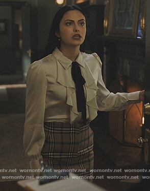 Veronica's white ruffle tie neck blouse on Riverdale