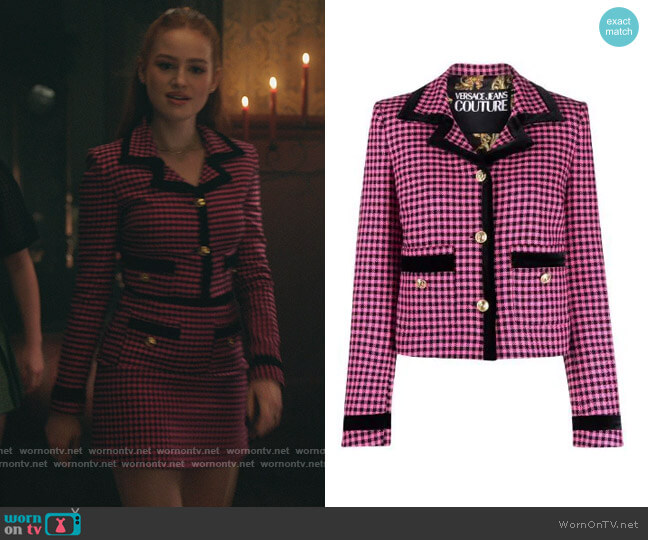 Checked Decorative Button Jacket by Versace worn by Cheryl Blossom (Madelaine Petsch) on Riverdale