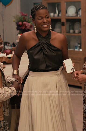 Viv’s leather halter top and pleated skirt on Bel-Air
