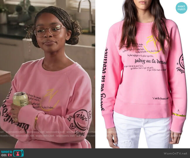 Upper Multicusto Cotton Graphic Sweatshirt by Zadig and Voltaire worn by Diane Johnson (Marsai Martin) on Black-ish