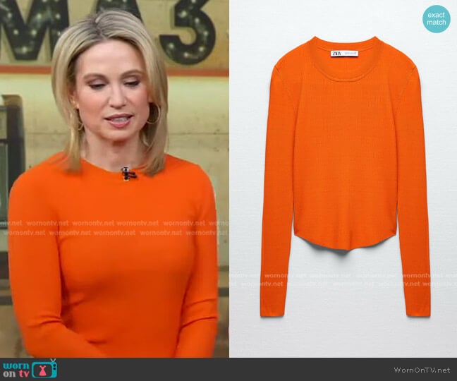 WornOnTV: Amy’s orange ribbed top and brown leather leggings on Good ...