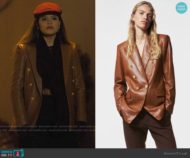 Zara Buttoned Faux Leather Blazer in Brandy worn by Maggie Vera (Sarah Jeffery) on Charmed