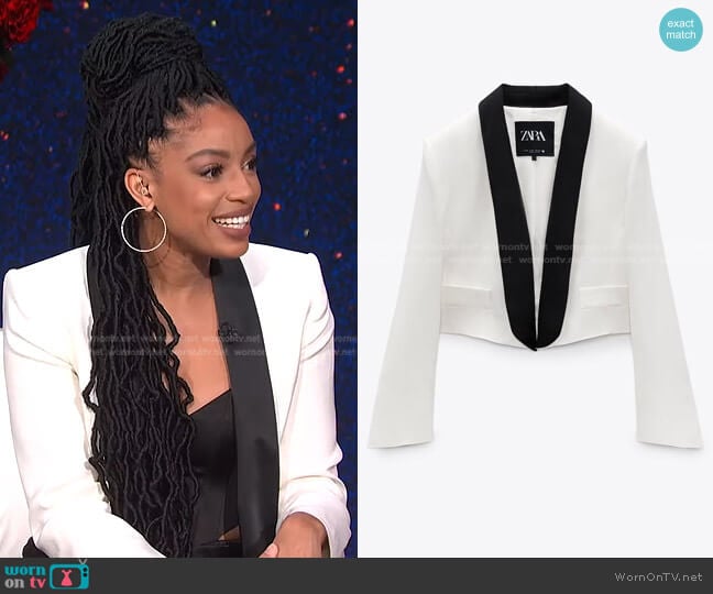 WornOnTV: Francesca Amiker’s white contrast lapel cropped jacket on E ...