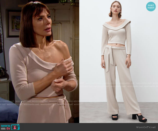 Zara Mink Soft Shirt and Pants worn by Taylor Hayes (Krista Allen) on The Bold and the Beautiful